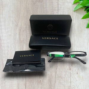 Versace Black Rectangular Half Rim Eyeglasses Frames Only 1261 Italy Box Case